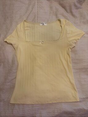 Electric Family Light Yellow Ribbed Square-Neck Tee with Bow